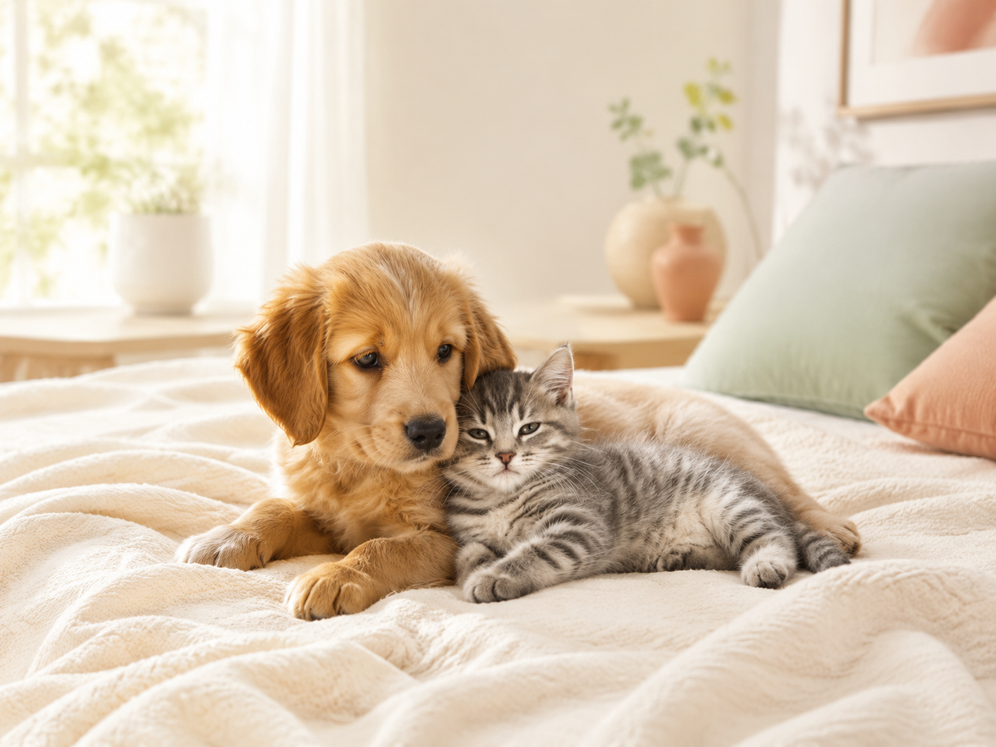 A puppy and kitten resting together